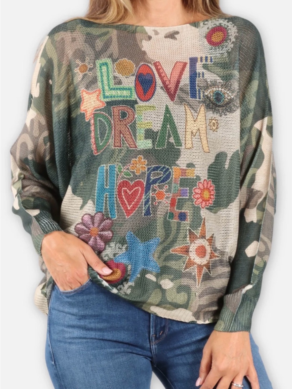Loowie Love Hope Dream Knit Sweater Love Camo Italy Size OS